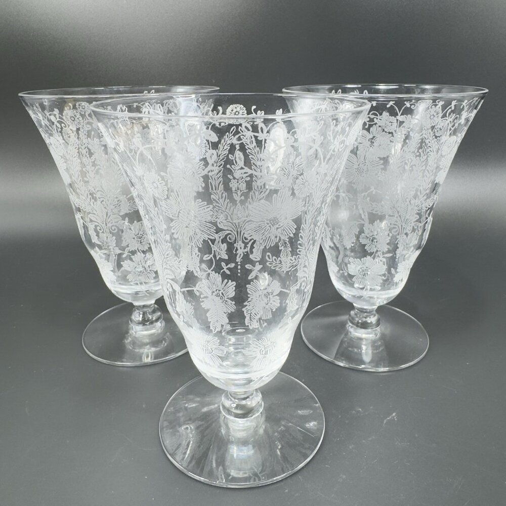 Vintage‎ Viking Glass PRELUDE Etched Clear Footed Glasses Cups Tumblers Set 3